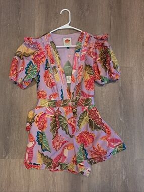 NWT XS FARM Rio Lavender Tropical Puff Sleeve Romper with Multicolor Leaves